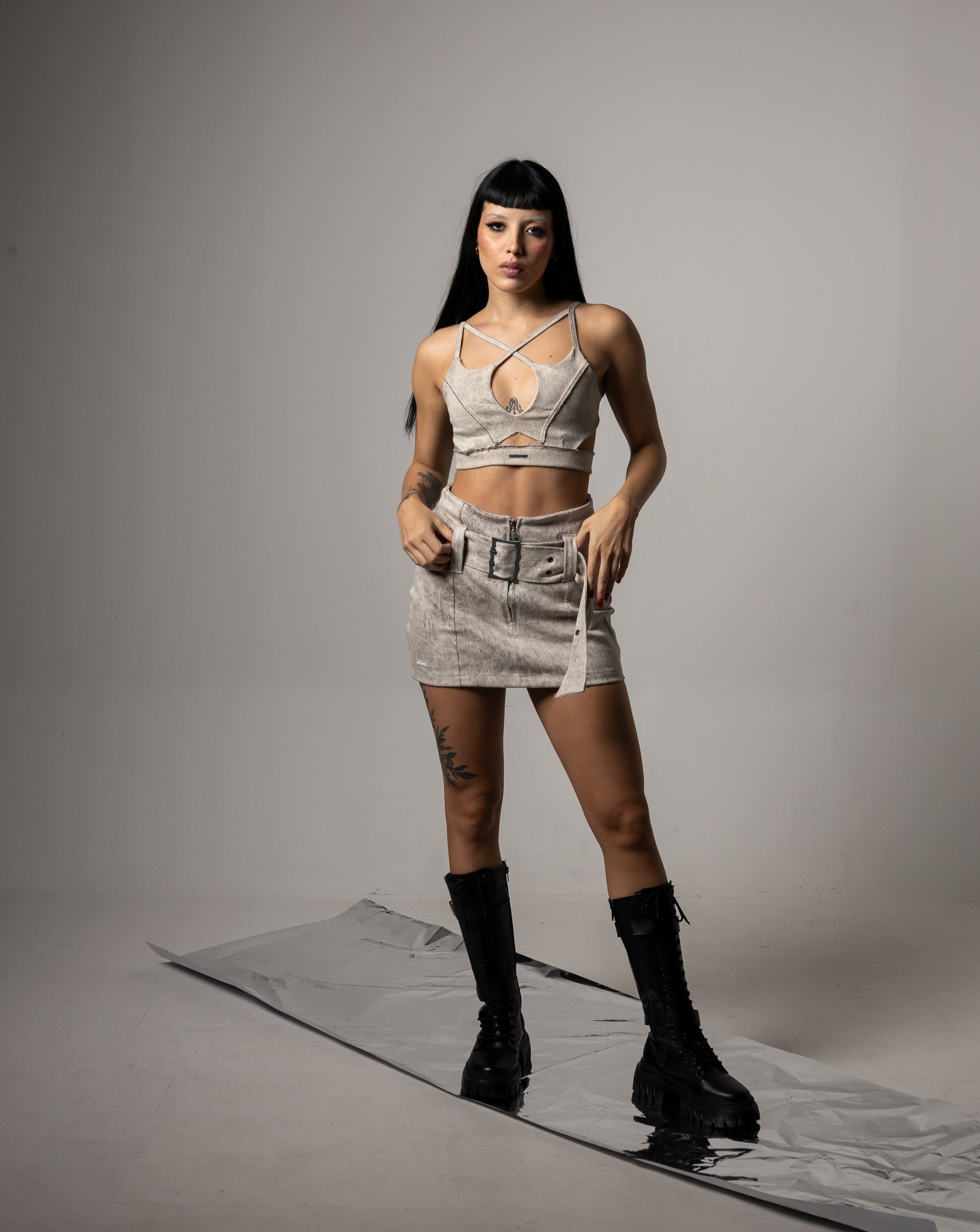 Falda Denim Efecto Lavado-Beige