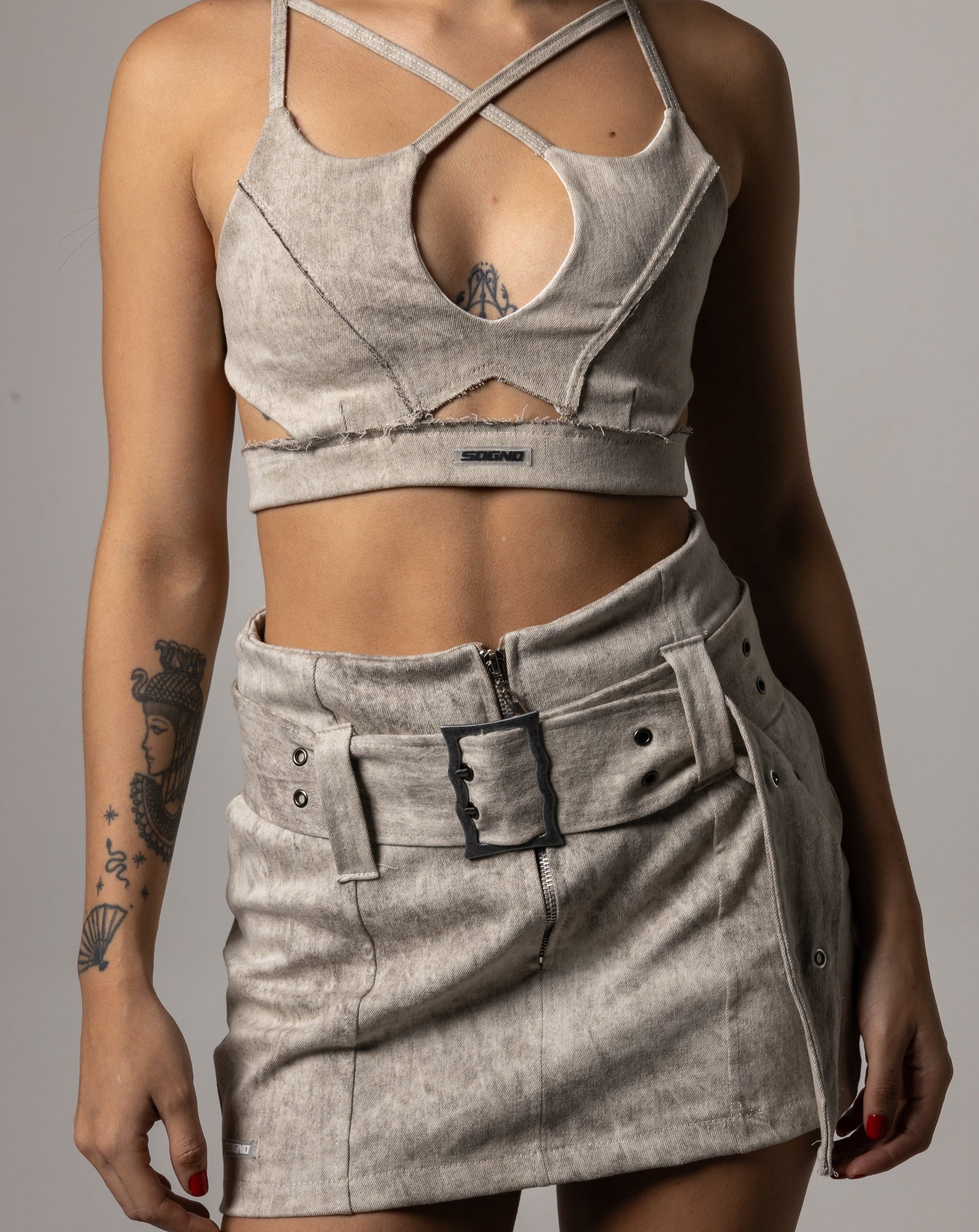 Falda Denim Efecto Lavado-Beige