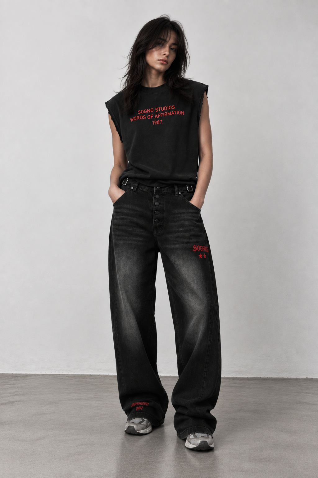 Jean Baggy Dama Negro Washed con Ajustadores Laterales