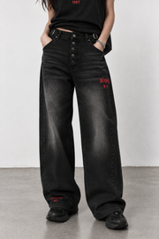 Jean Baggy Dama Negro Washed con Ajustadores Laterales